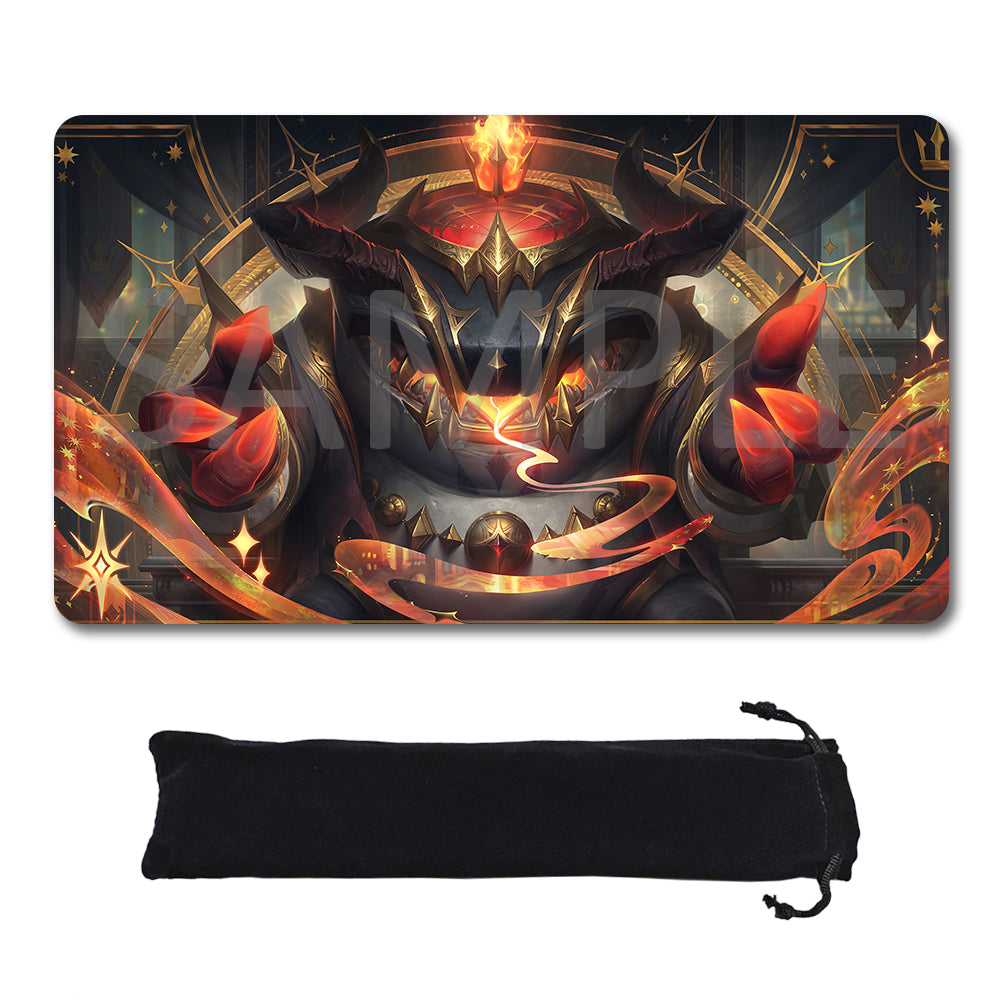 A rectangular gaming mouse pad with rounded corners featuring a dark fantasy illustration of a horned demonic figure with glowing red and orange energy effects, shown above a black drawstring storage pouch on a plain white background.