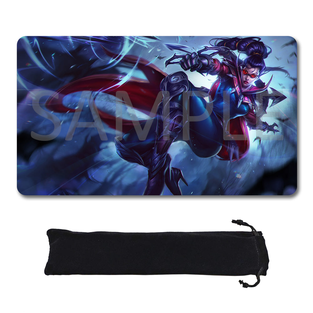 A rectangular gaming mouse pad featuring a dynamic fantasy character illustration in blue, red, and black, shown above a black drawstring storage pouch on a white background. A large translucent SAMPLE watermark overlays the mouse pad artwork.