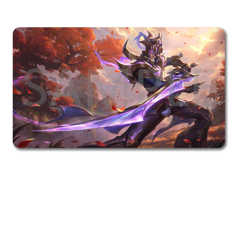 A rectangular gaming mouse pad with rounded corners featuring a fantasy warrior character with a glowing purple sword, shown above a black drawstring storage pouch on a white background.