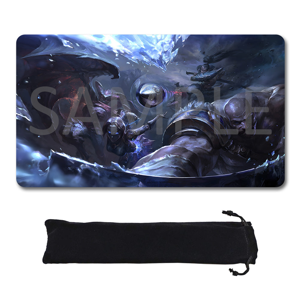A rectangular gaming playmat with rounded corners featuring a dark fantasy illustration of armored characters and icy blue tones, shown above a black drawstring storage pouch on a white background. A large translucent SAMPLE watermark overlays the playmat artwork.