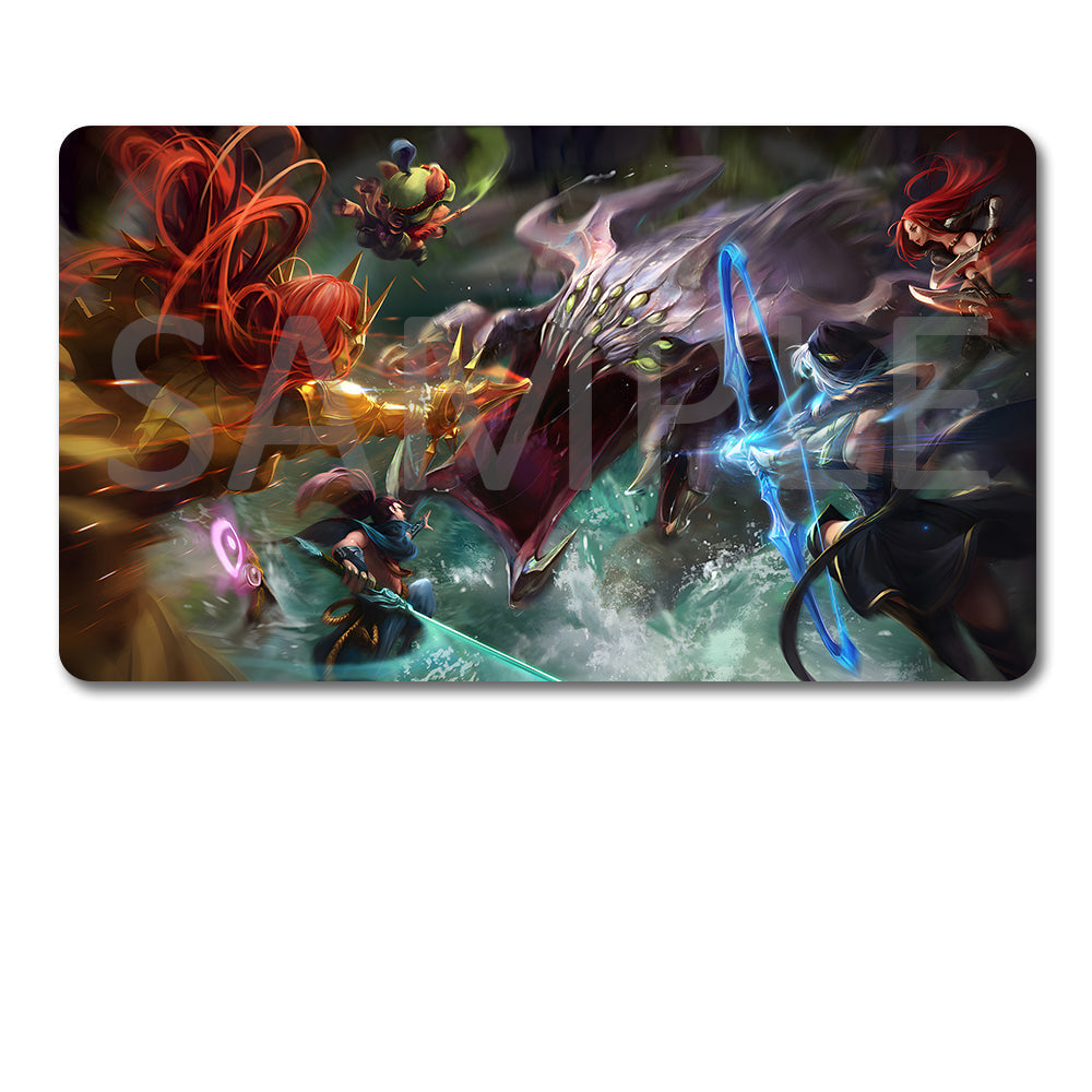 A rectangular gaming mouse pad with a colorful fantasy battle illustration, shown above a black drawstring storage pouch on a plain white background.
