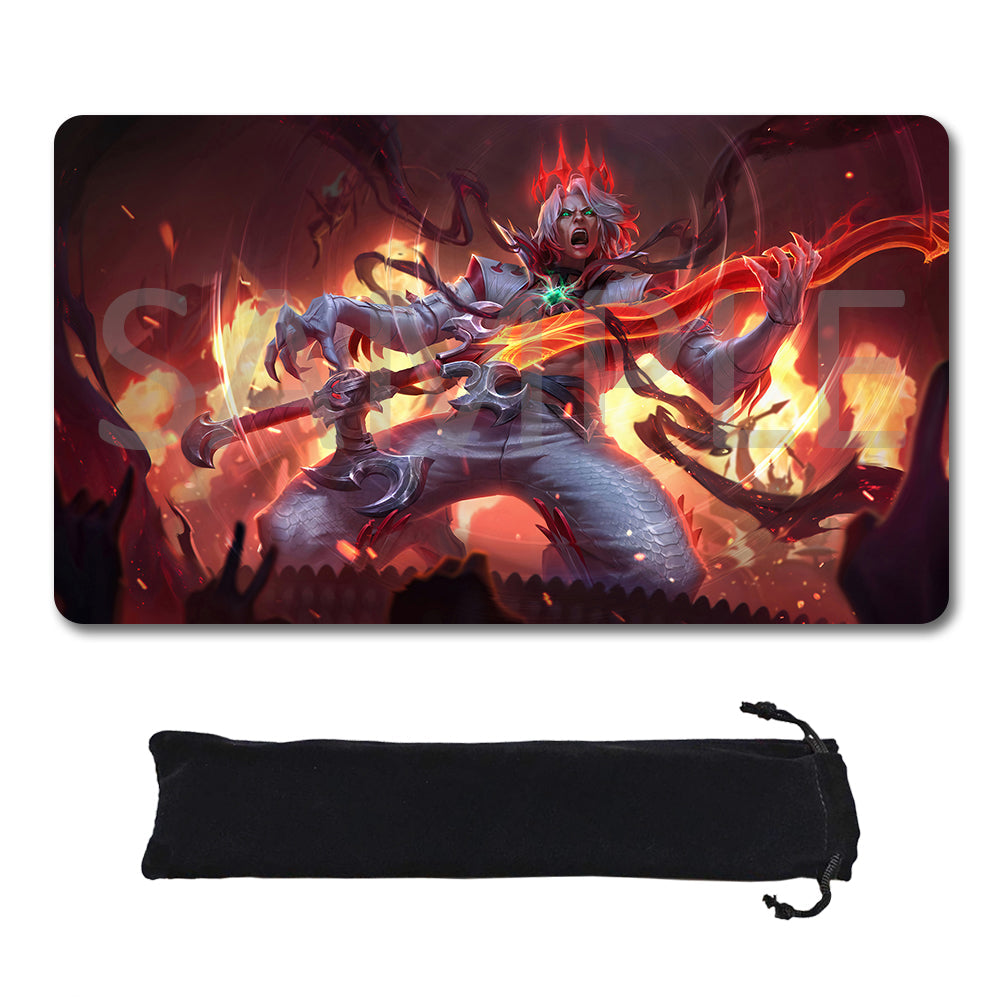 A rectangular gaming mouse pad with rounded corners featuring a fiery fantasy illustration of a skeletal warrior, shown above a black drawstring storage pouch on a plain white background.
