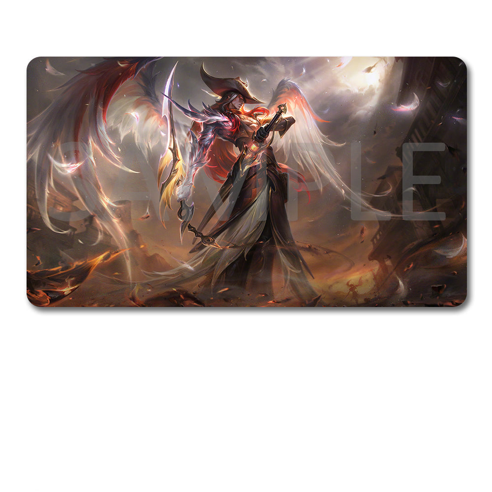A rectangular gaming mouse pad with rounded corners featuring a fantasy illustration of a winged warrior holding a sword, shown above a black drawstring storage pouch on a plain white background.