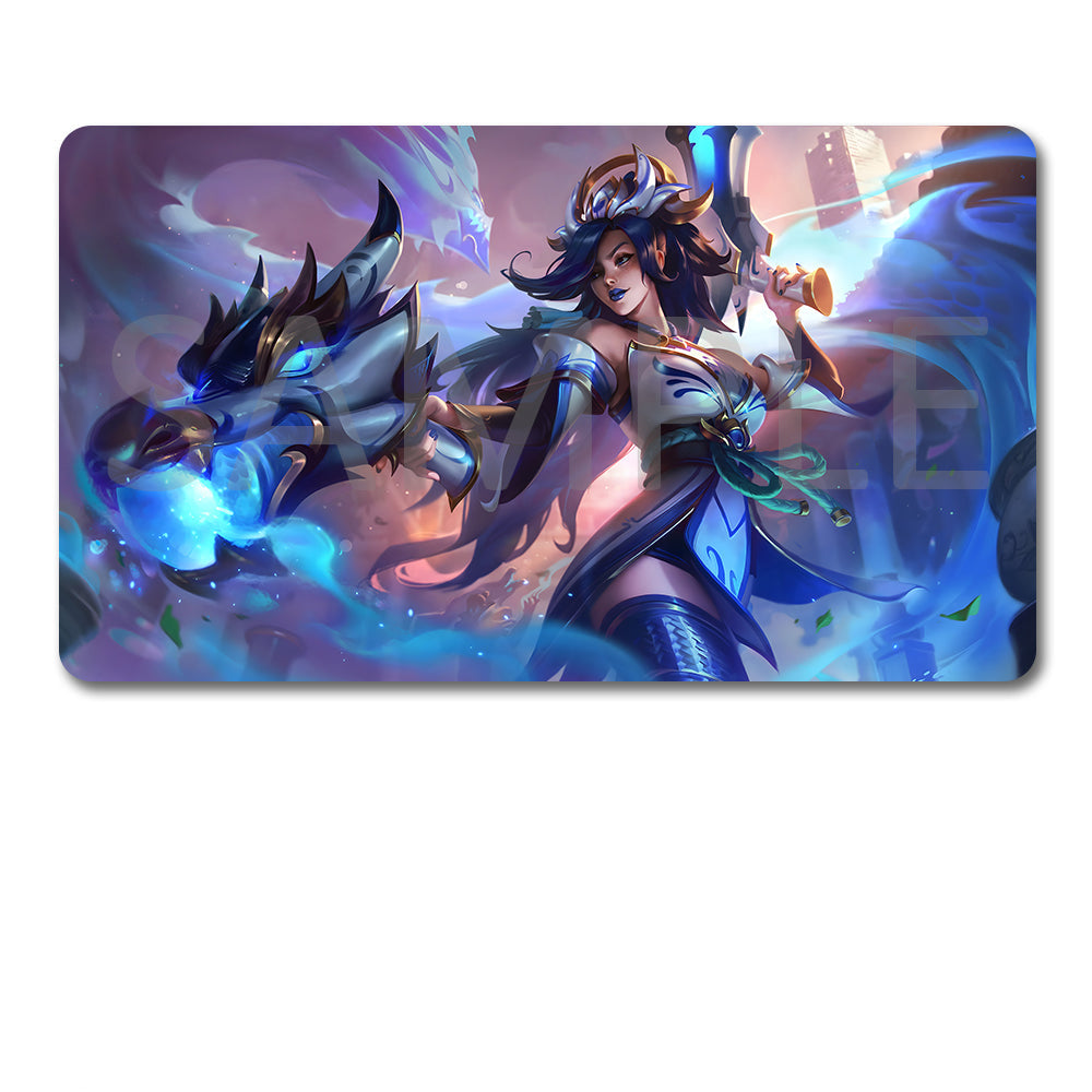 A rectangular gaming mouse pad with a colorful fantasy illustration of a female warrior and a blue dragon, shown with a black drawstring carrying case below on a white background.