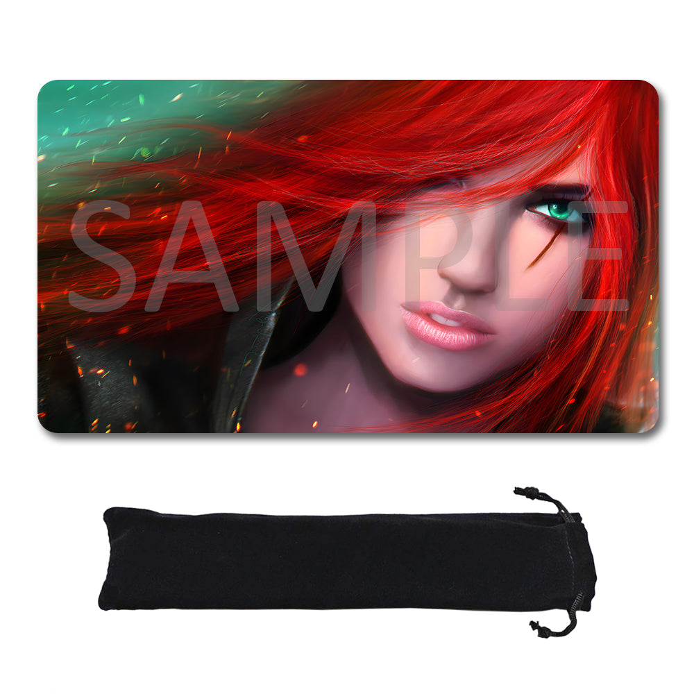 A rectangular gaming mouse pad with rounded corners featuring a close-up illustration of a woman with vivid red hair and teal eyes, shown above a black drawstring storage pouch on a white background. A large translucent SAMPLE watermark overlays the mouse pad.