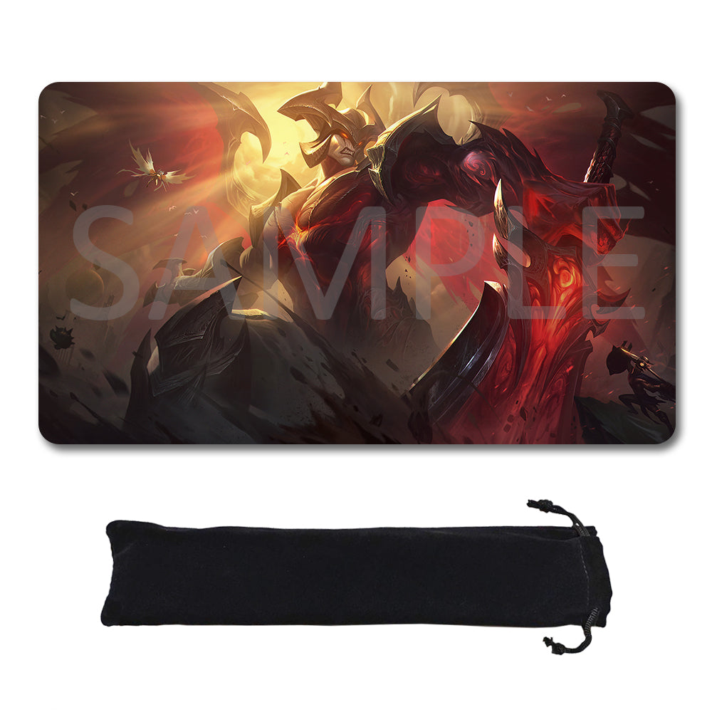 A rectangular gaming mouse pad with rounded corners featuring a fantasy warrior illustration in red, gold, and dark tones, shown above a black drawstring storage pouch on a white background. A large translucent SAMPLE watermark overlays the mouse pad artwork.