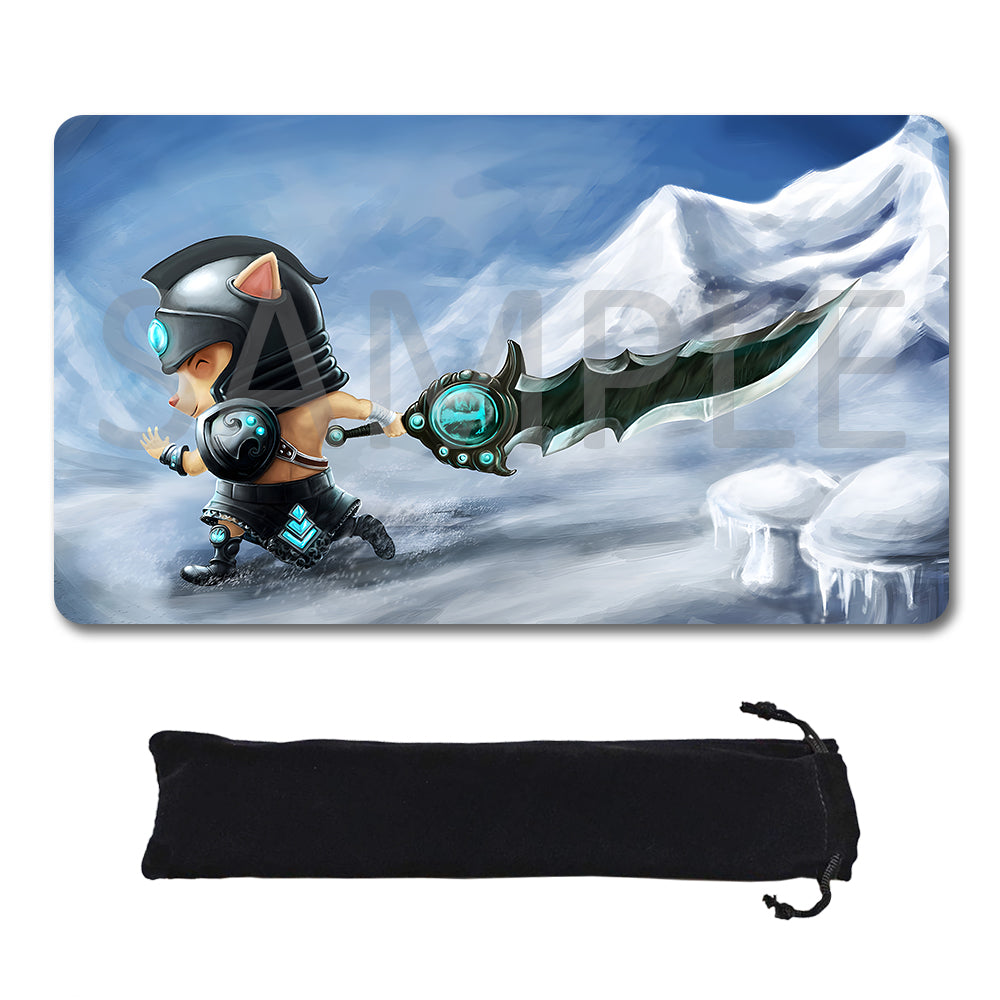 A rectangular gaming mouse pad featuring a fantasy illustration of a small character in black armor running through a snowy blue landscape with a glowing blade, shown above a black drawstring storage pouch on a white background.
