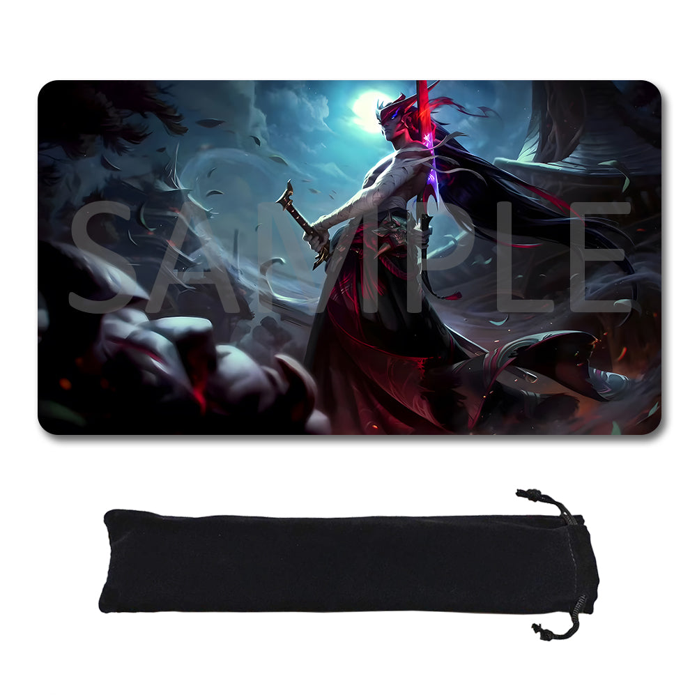 A rectangular gaming mouse pad with rounded corners featuring a dark fantasy illustration of a warrior character, shown above a black drawstring storage pouch on a white background. A large translucent 'SAMPLE' watermark overlays the mouse pad artwork.