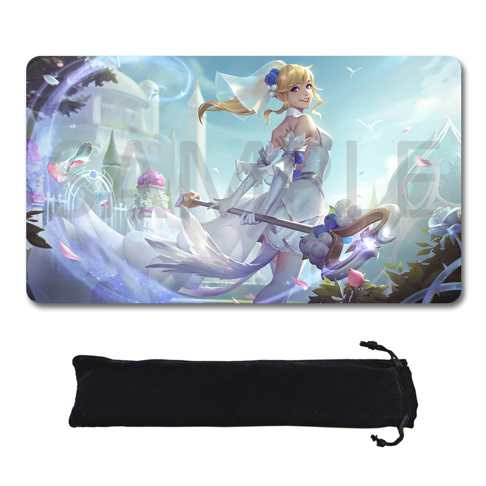 A rectangular gaming mouse pad with rounded corners featuring an anime-style illustration of a blonde female character in a flowing white dress, shown above a black drawstring storage pouch on a plain white background.