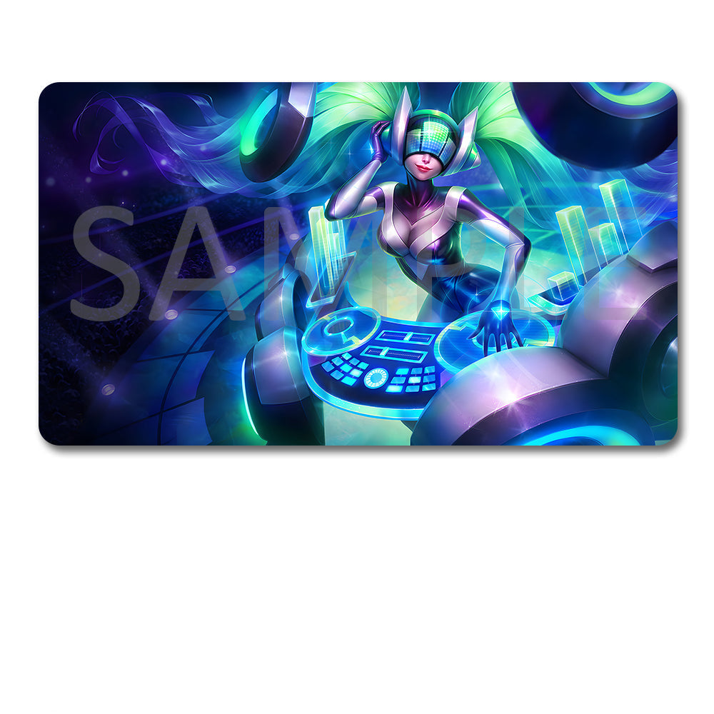 A rectangular gaming mouse pad with rounded corners featuring a colorful cyberpunk DJ illustration, shown above a black drawstring storage pouch on a plain white background.