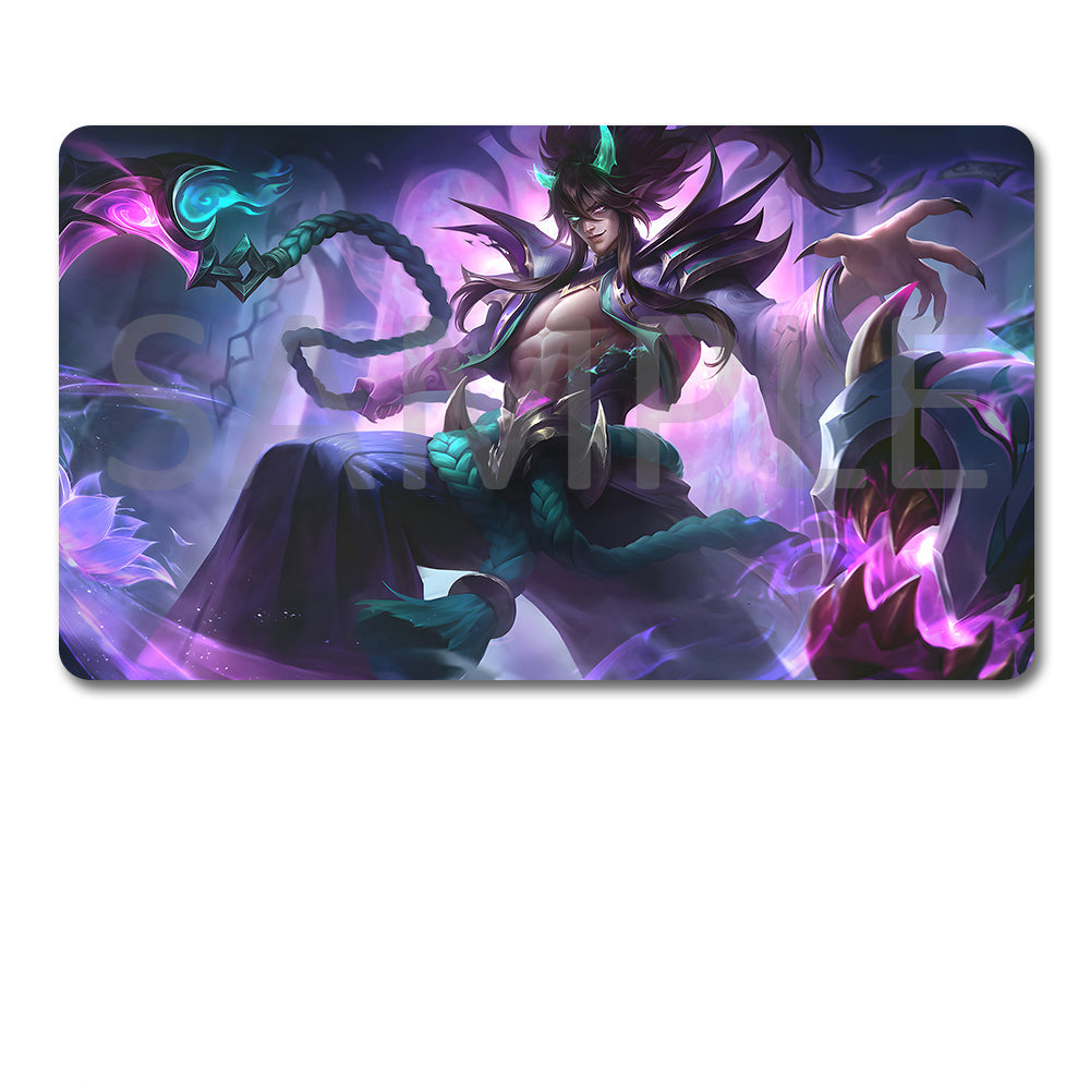 A rectangular gaming mouse pad with rounded corners featuring a fantasy character illustration in purple, pink, and teal tones, shown above a black drawstring storage pouch on a white background.