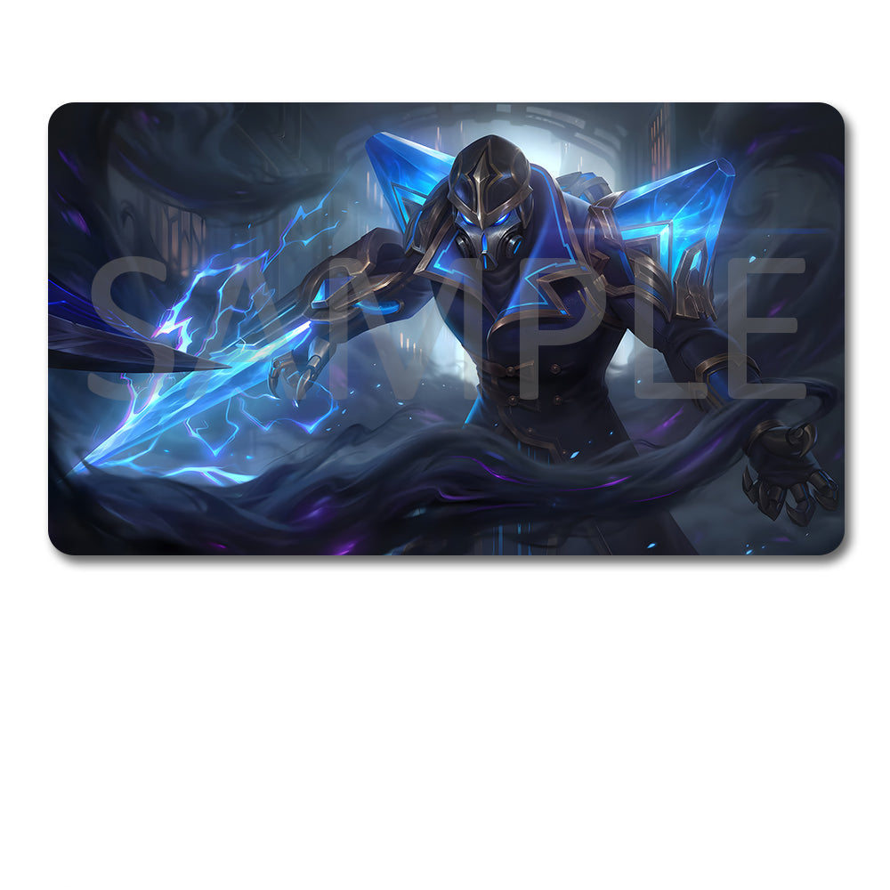 A rectangular gaming mouse pad with rounded corners featuring a dark fantasy illustration of a armored warrior with glowing blue energy, shown above a black drawstring storage pouch on a white background. A translucent SAMPLE watermark overlays the artwork.