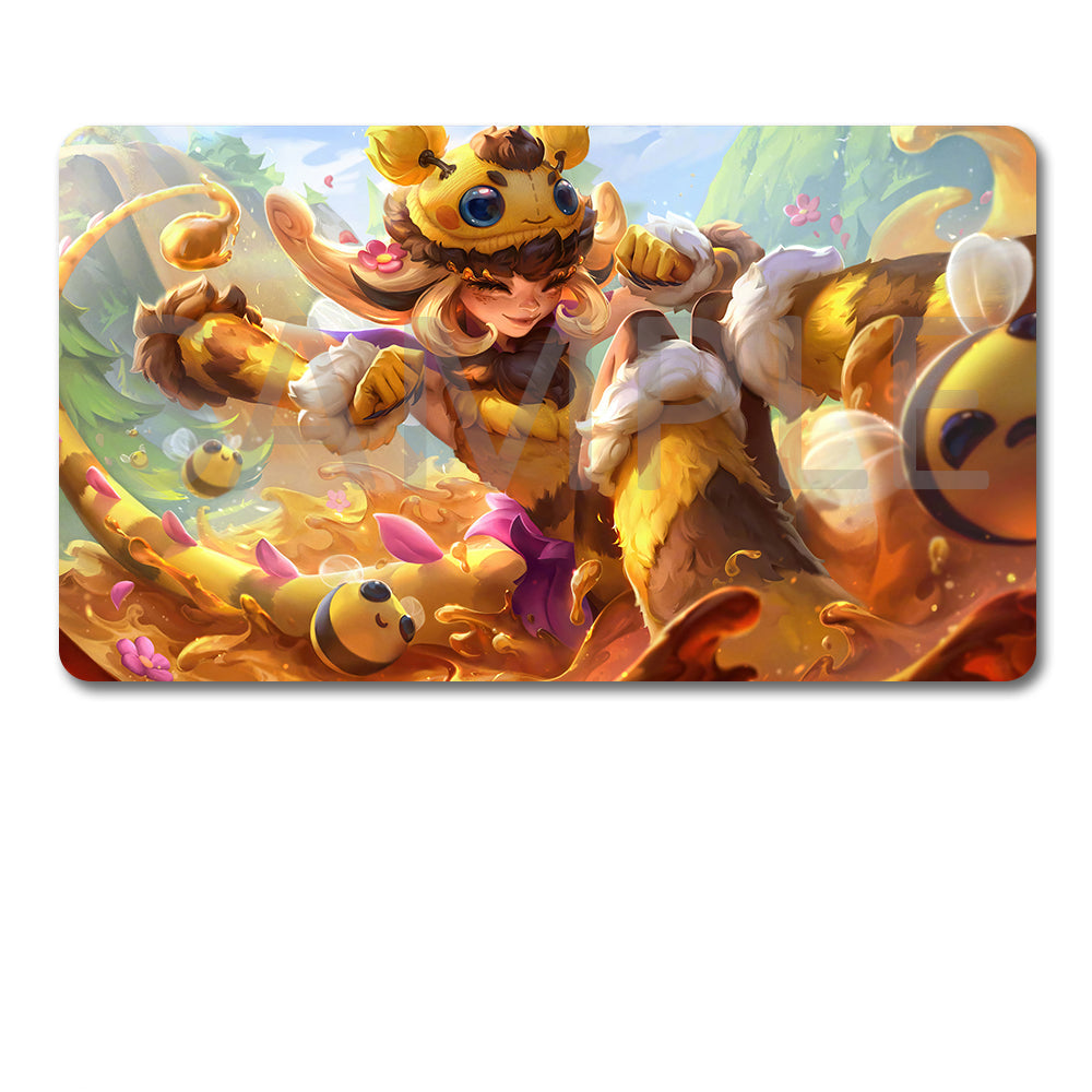 A rectangular gaming playmat featuring a colorful fantasy illustration of a golden tiger-like character with bees, shown above a black drawstring storage pouch on a white background.