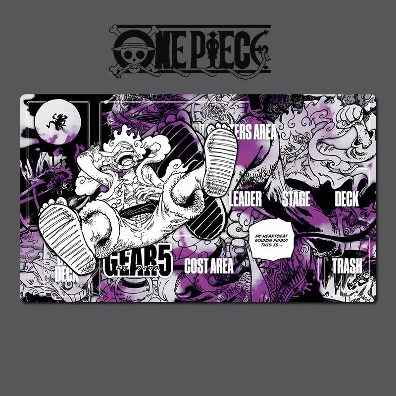 Card game mat with 'One Piece' branding and character design on a gray background