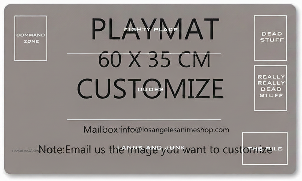 Gray playmat with text and branding information on a gray background
