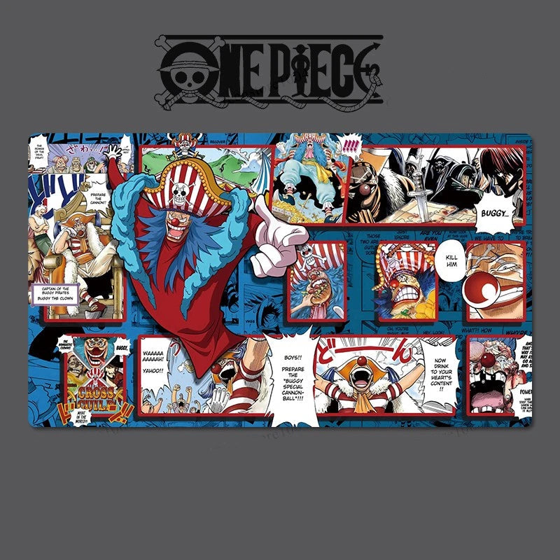 Collage of images featuring characters from the anime 'One Piece' on a dark background.