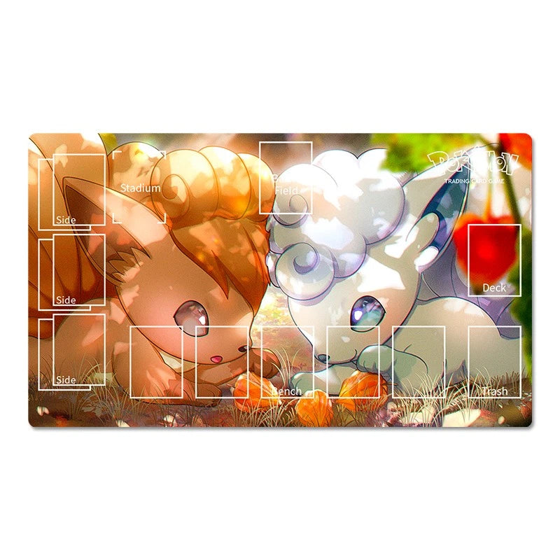 Two cartoon characters, one orange and one white, sitting on a grassy area with pumpkins.