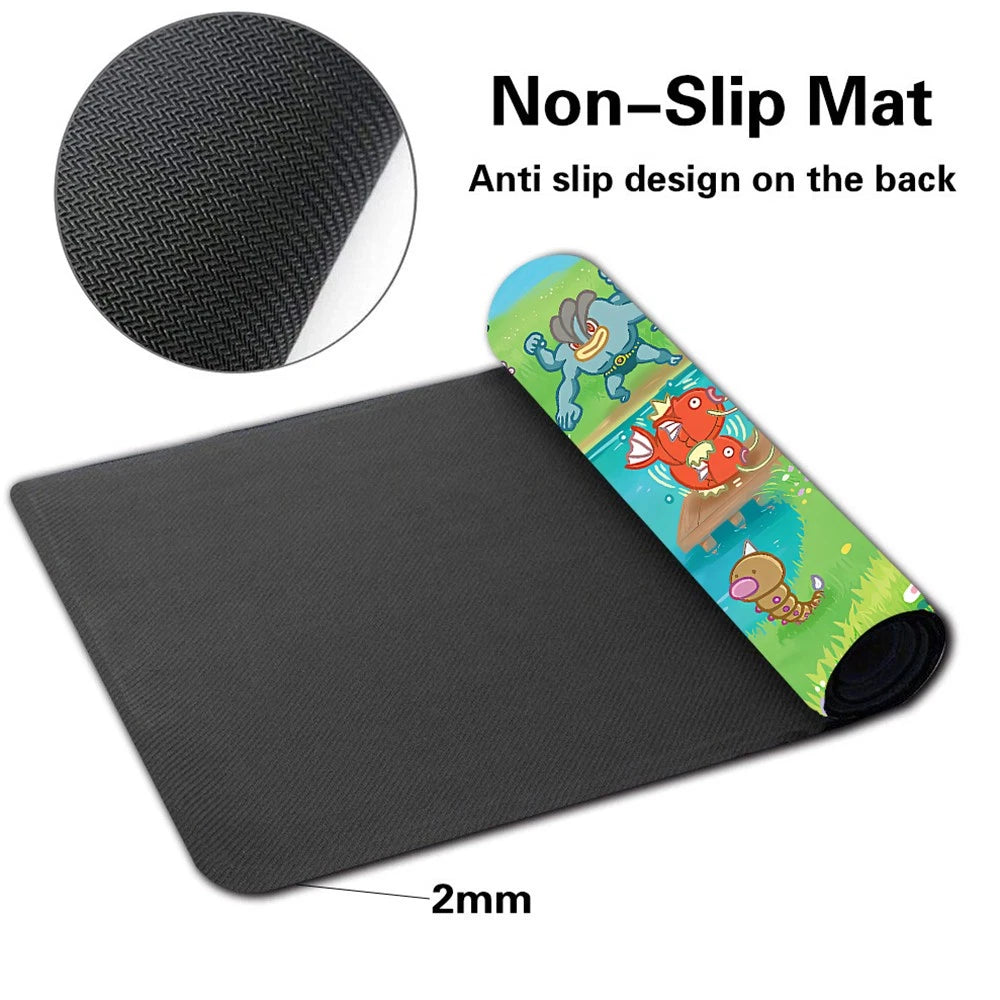 A black non-slip exercise mat shown partially unrolled, with a rolled section displaying a colorful cartoon animal print. Text on the image reads 'Non-Slip Mat' and 'Anti slip design on the back,' plus a '2mm' thickness callout and a circular close-up of the textured black backing.