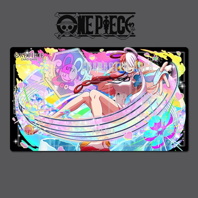 Colorful 'One Piece' themed card game mat with character design on a black background