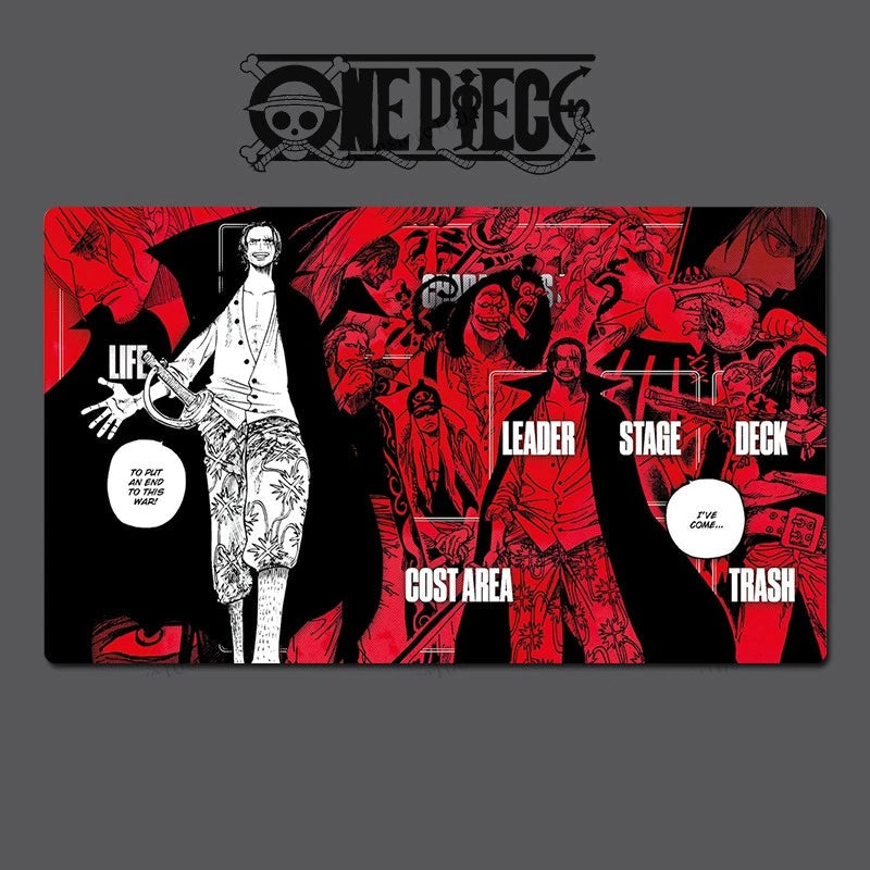 Card game mat with 'One Piece' characters and text on a dark background