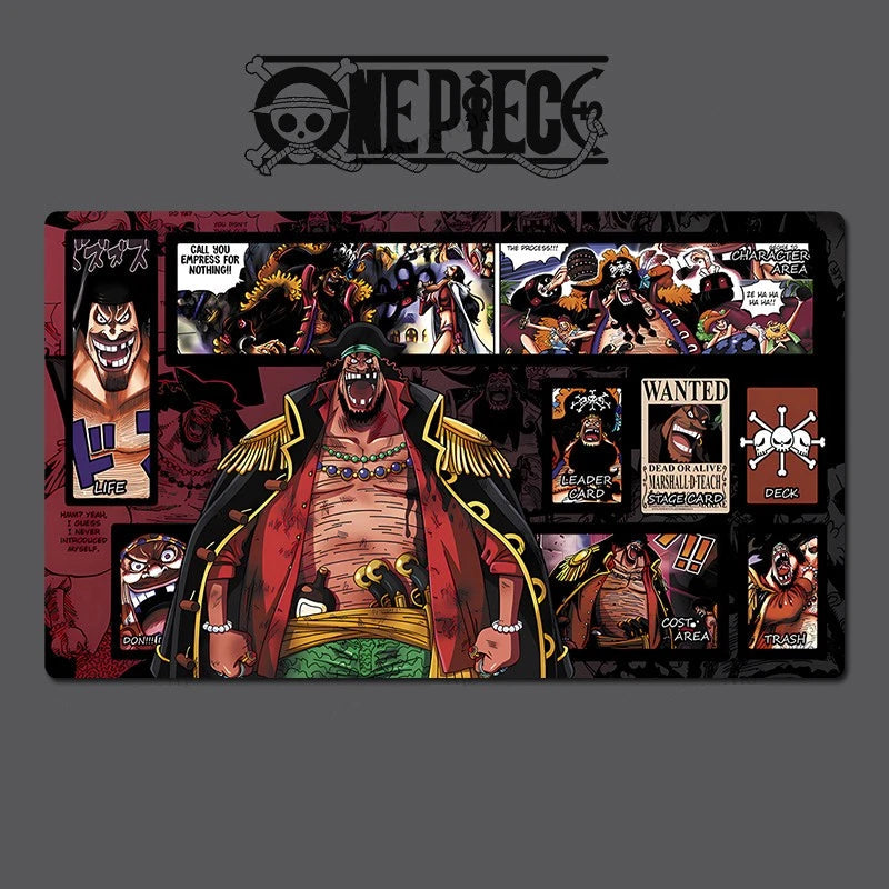 Collage of a character from 'One Piece' with various illustrations and 'Wanted' posters on a dark background.