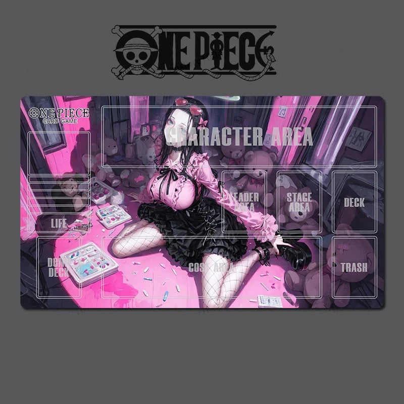 Card game playmat with character area and 'One Piece' branding