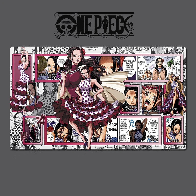 Comic-style illustration with character art and text, featuring the One Piece logo.