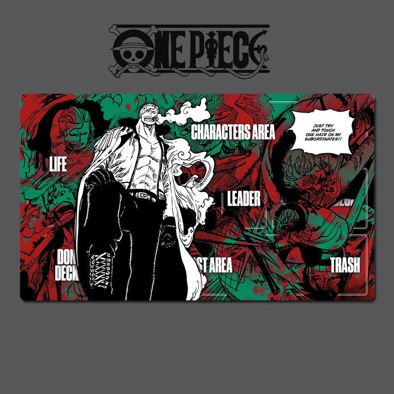 One Piece-themed placemat with character illustration and text on a dark background
