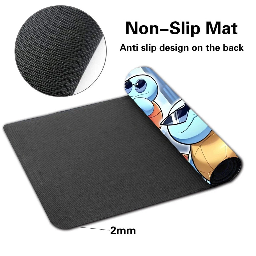 Black non-slip exercise mat with a rolled-up section showing a cartoon character print, plus a circular inset showing the textured black fabric backing and text reading 'Non-Slip Mat' and '2mm'.