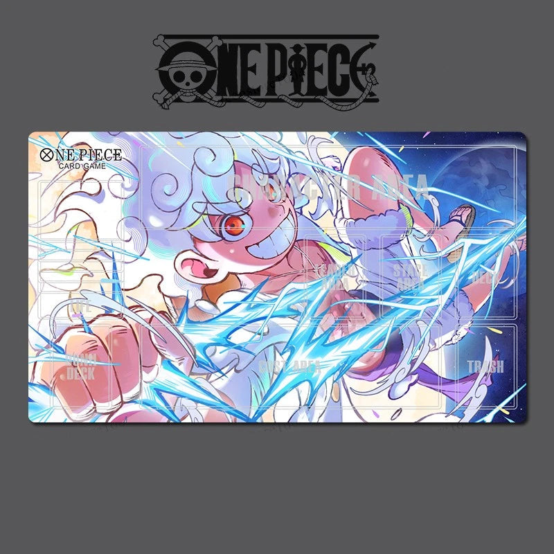 One Piece card game playmat with character design on a dark background