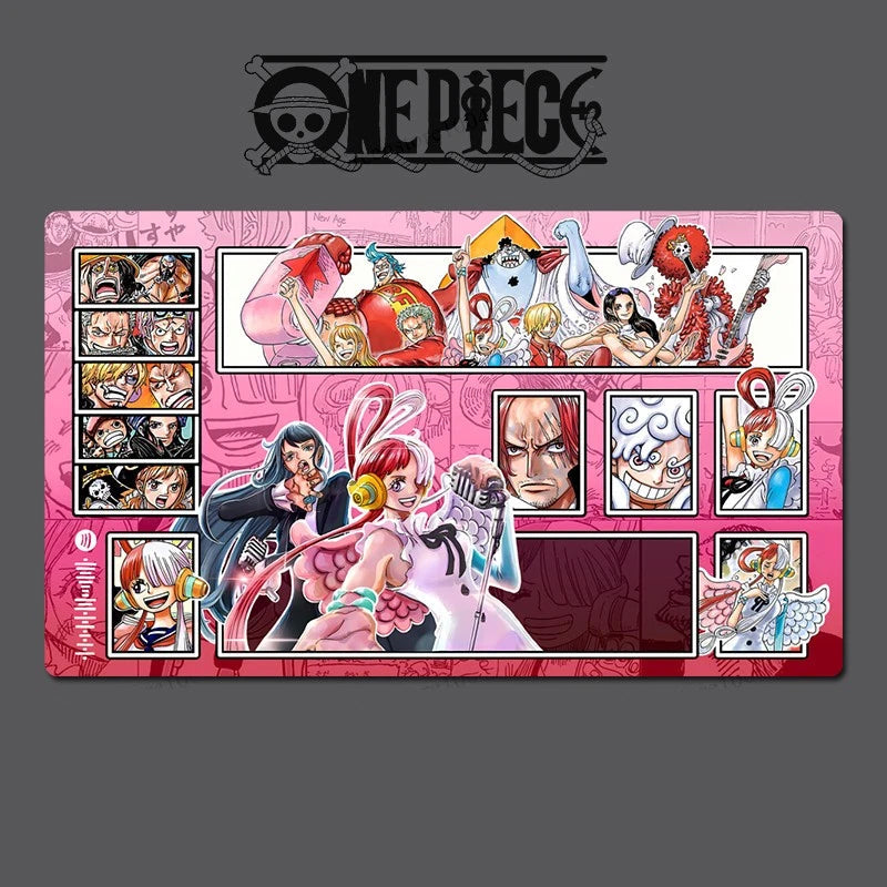 Pink 'One Piece' anime character display with various characters on a gray background