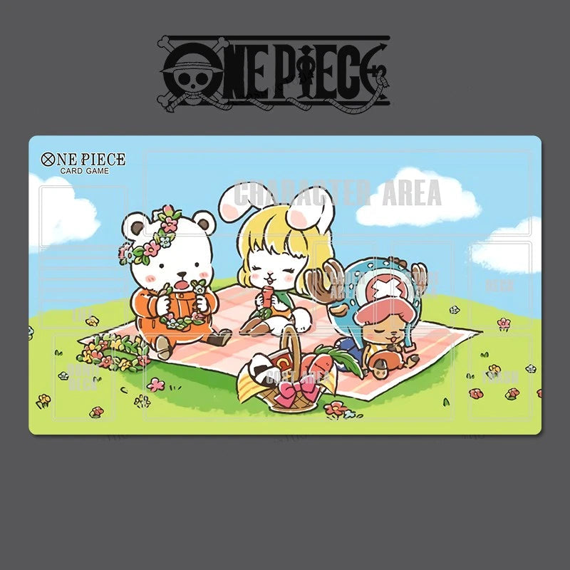 One Piece card game playmat with cartoon characters on a grassy area