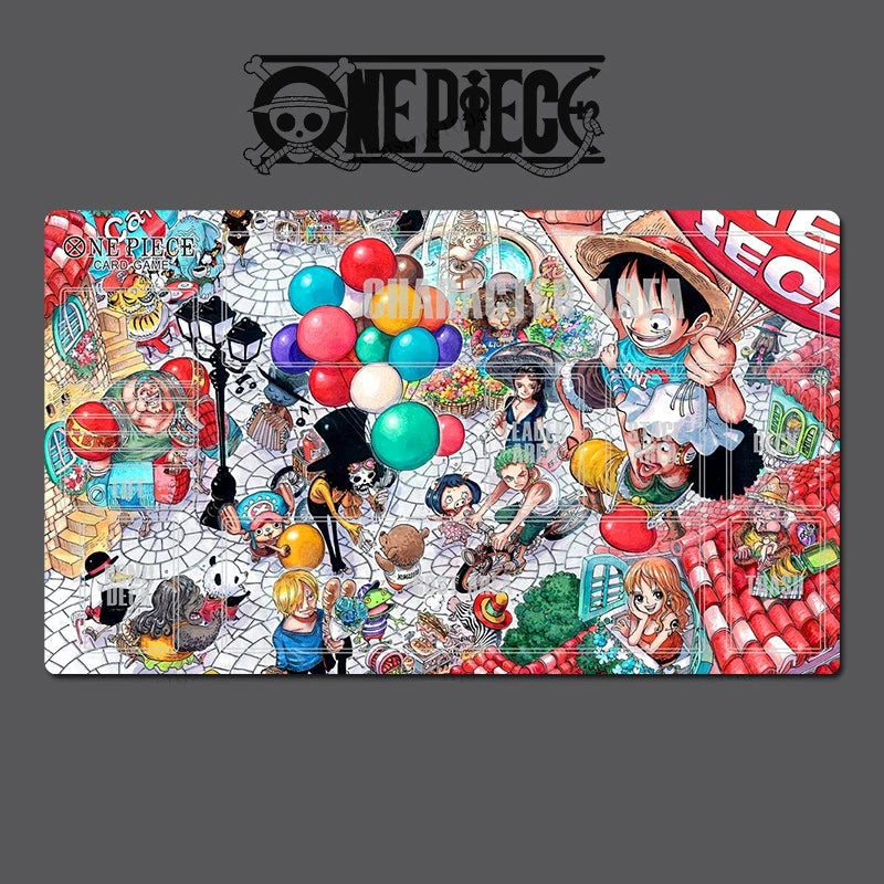 One Piece-themed product with colorful balloons and characters on a gray background