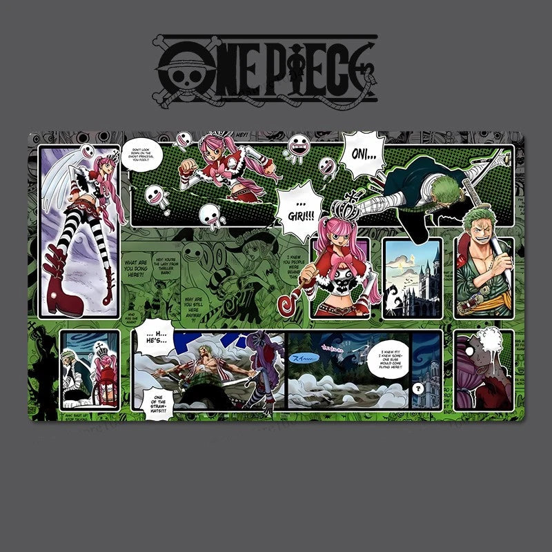 Comic-style panel from 'One Piece' with various characters and action poses on a green background.