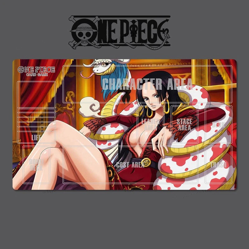 Playmat with character design from 'One Piece' on a gray background