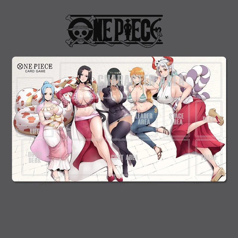 One Piece card game playmat with animated characters on a dark background