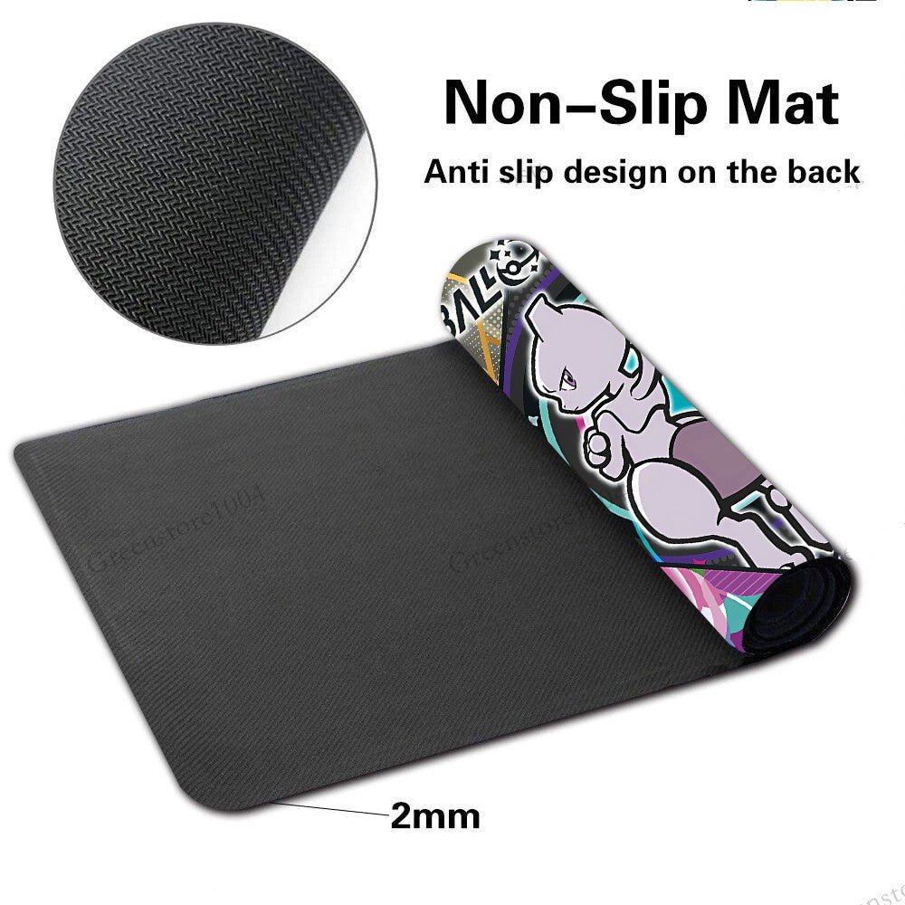 A black non-slip exercise mat shown partially unrolled with a printed cartoon-style end, plus a circular inset showing the textured fabric and text reading 'Non-Slip Mat' and '2mm'.
