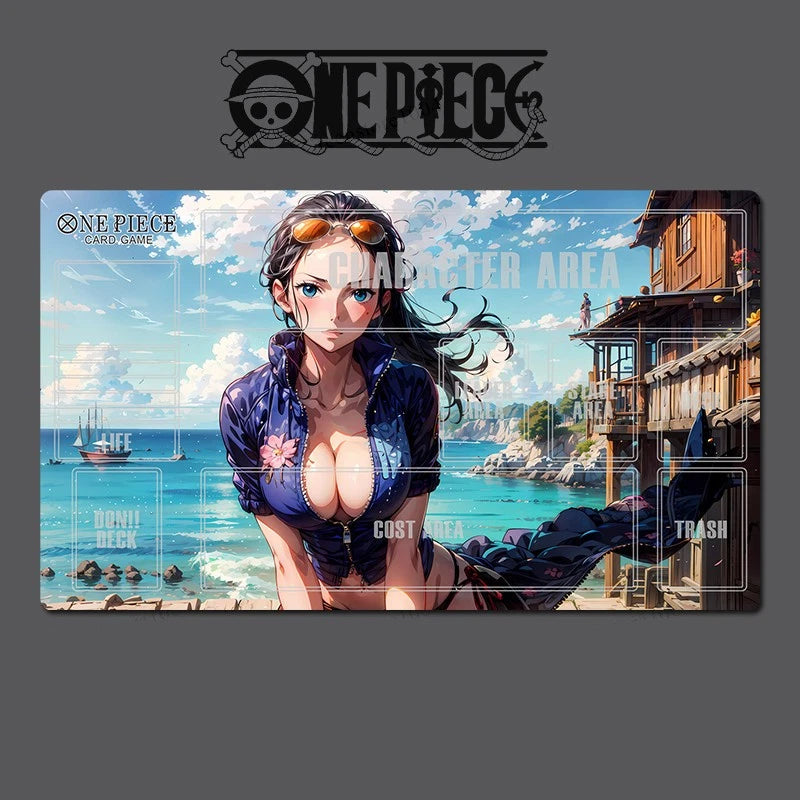 Card game mat featuring an anime character with a scenic background, branded 'One Piece'.