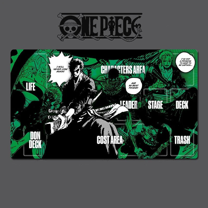Game mat with 'One Piece' design featuring characters and game area labels on a dark background.