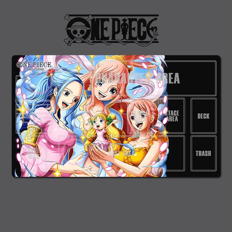 One Piece-themed playmat with colorful characters on a dark background