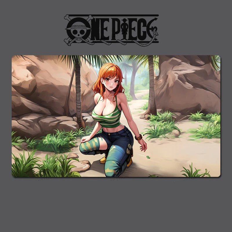 Character from 'One Piece' sitting in a jungle setting with the 'One Piece' logo above.