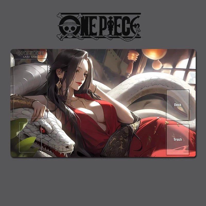 Card game mat featuring an anime character in a red outfit with 'One Piece' branding.