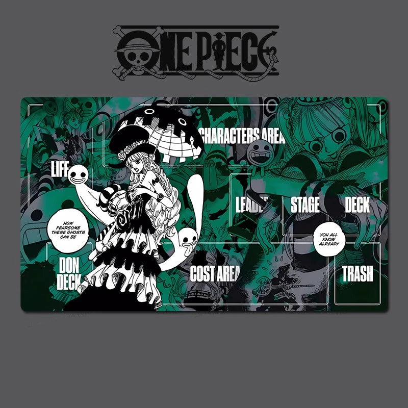 Playmat with 'One Piece' character design on a dark background