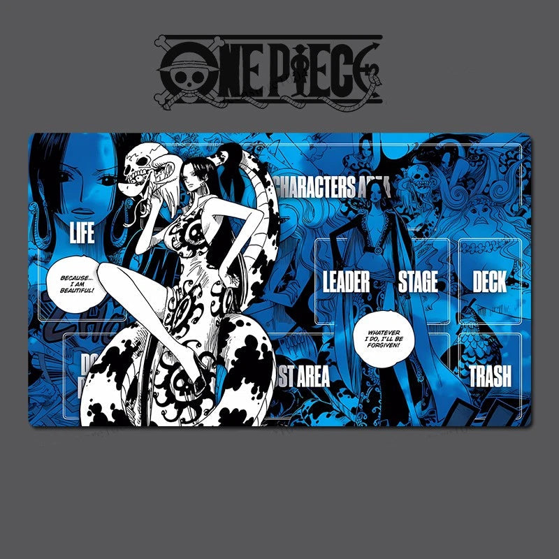 Card game mat with anime character design and 'One Piece' branding