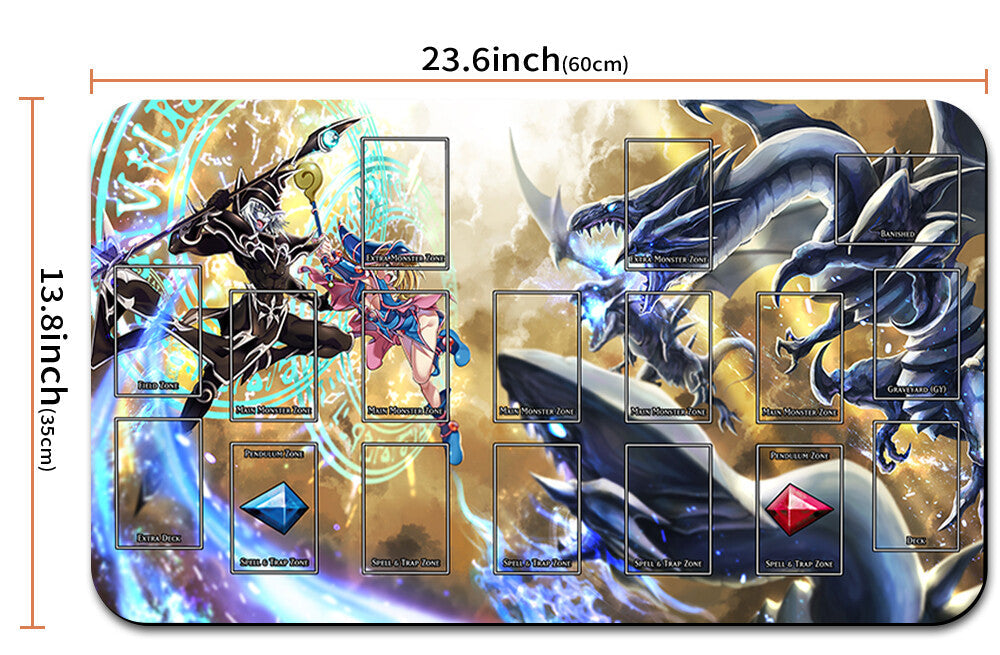 Card game mat with dragon illustrations and dimensions displayed