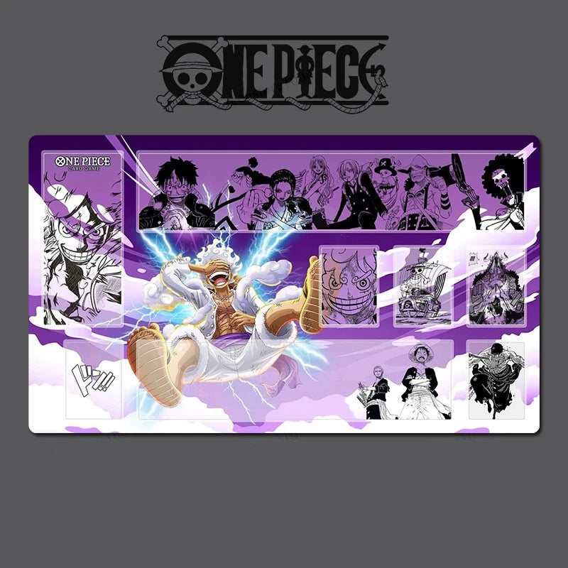 One Piece-themed playmat with character illustrations on a gray background