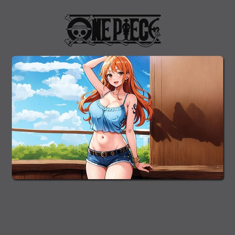 Character from 'One Piece' standing on a deck with a scenic background