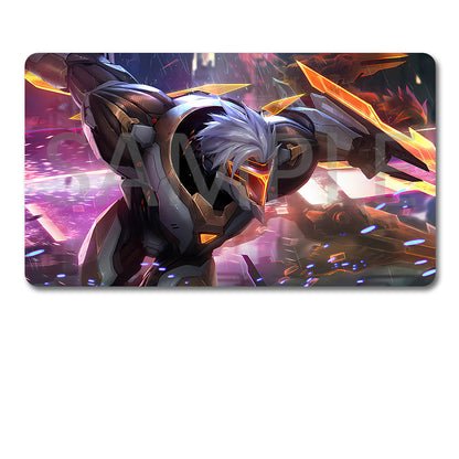 A rectangular gaming mouse pad featuring a colorful printed illustration of a futuristic armored character with glowing orange and purple effects, shown above a black drawstring storage pouch on a white background.