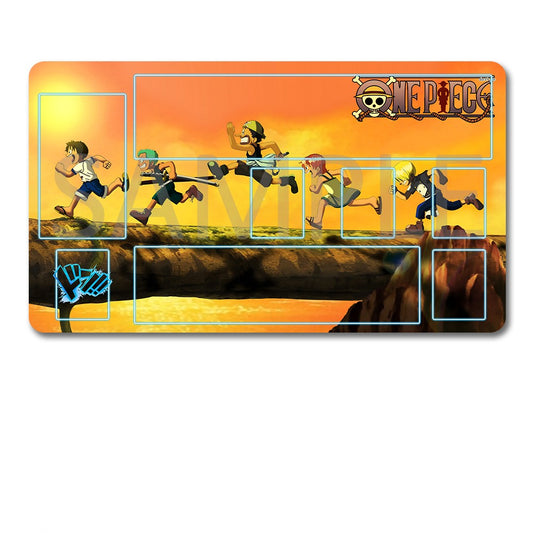 Anime-themed mouse pad with character illustrations and a black pouch on a white background