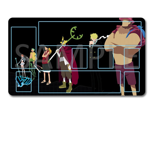 Tabletop game mat with character illustrations and a black drawstring bag on a white background